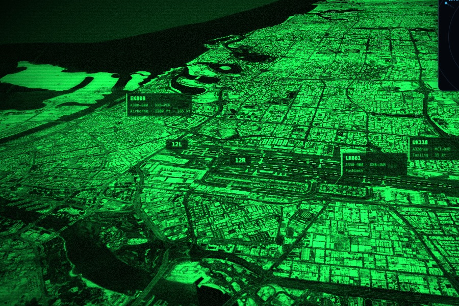 The same airport in night-vision mode