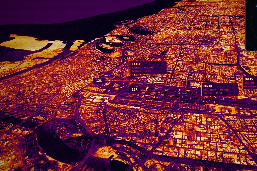 Thermal view of an airport apron with flights tagged by the copilot