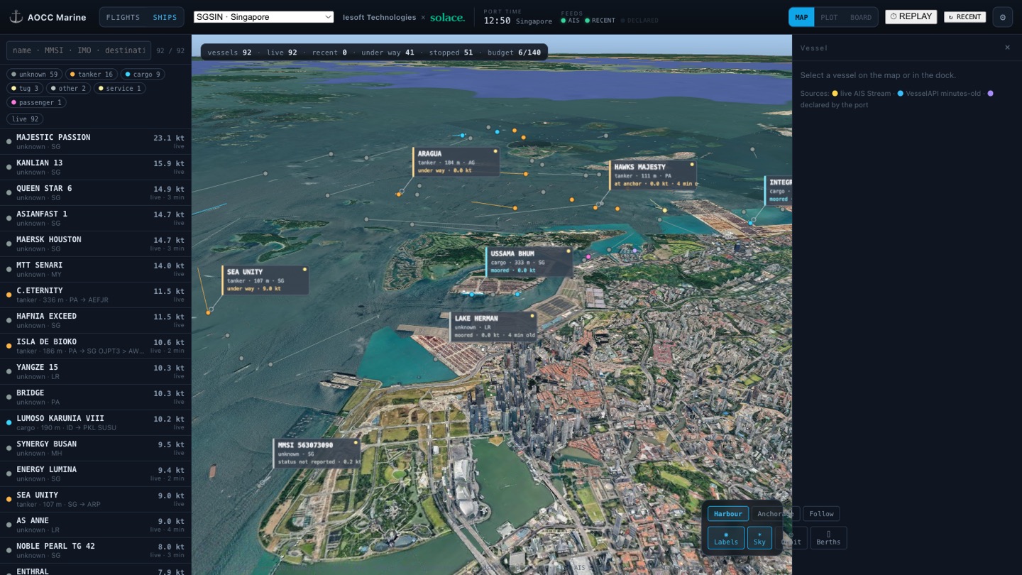 A harbour with vessels tagged at anchorage